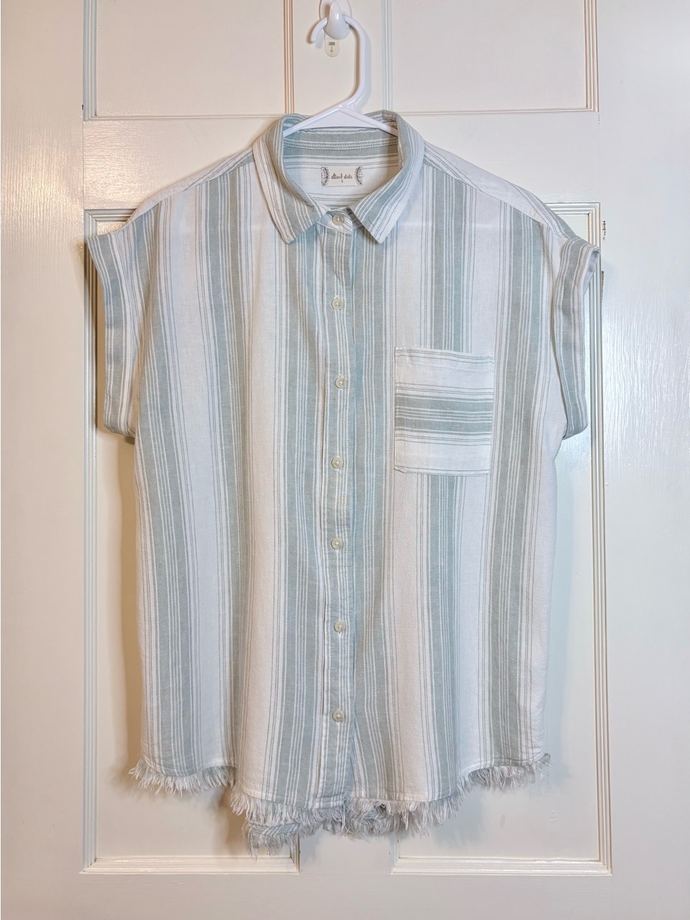Altar'd State Light Sage and White Striped Short Sleeve Linen Button-Up Shirt